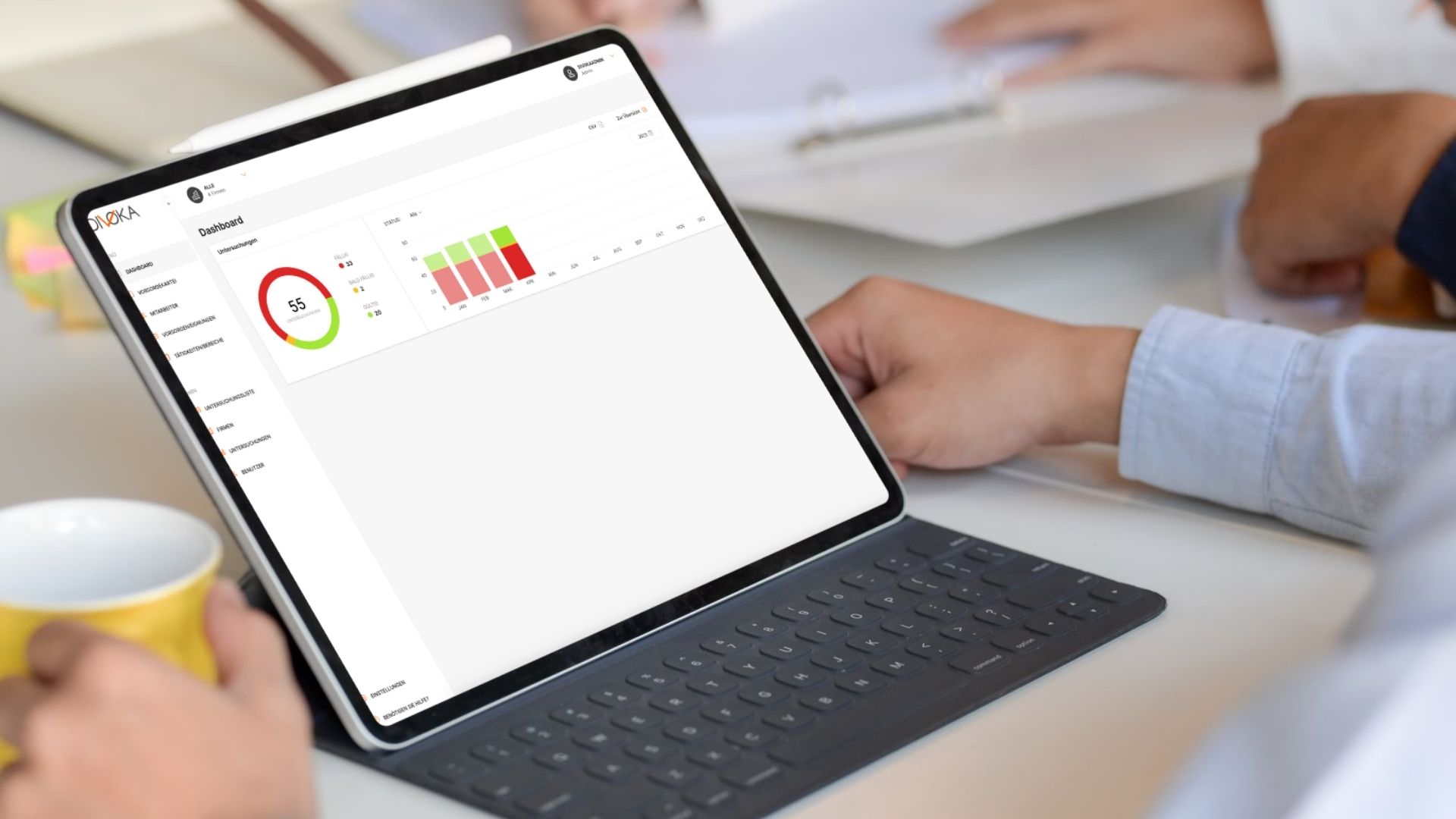 Eine Person arbeitet an einem Tablet mit einem Dashboard, das Diagramme und Statistiken anzeigt, während sie an einem Tisch sitzt.